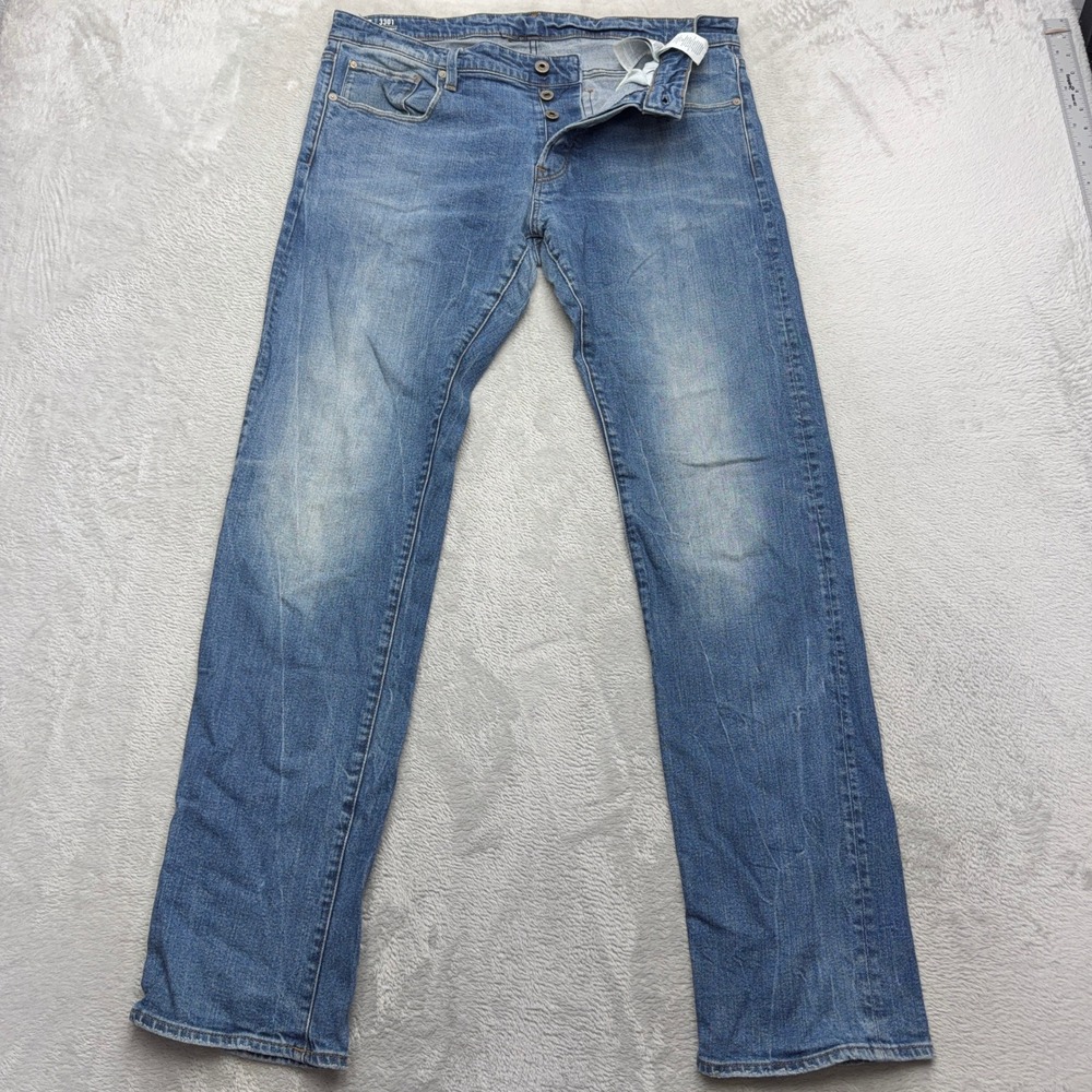 G-Star Raw Jeans Mens 36x36 Blue 3301 Straight Leg Button Fly Medium Wash Denim